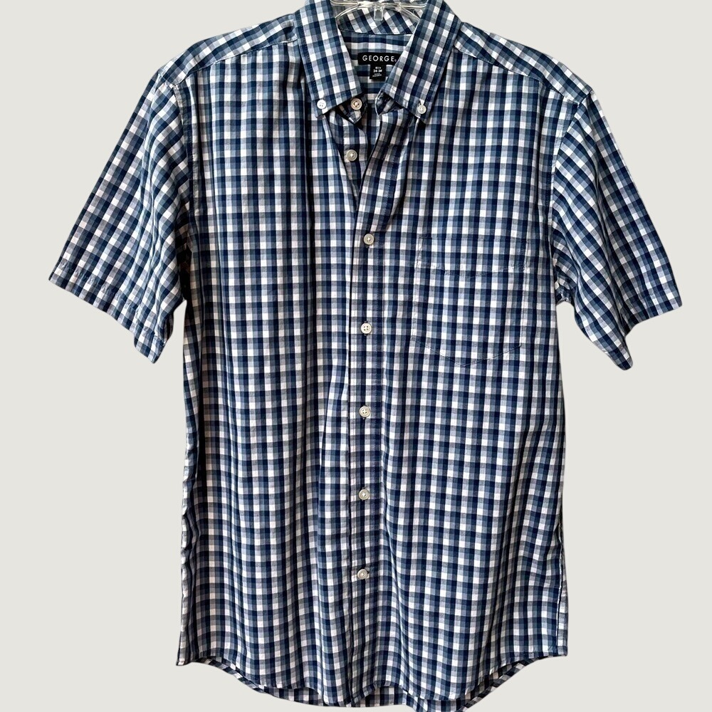 George Mens Short Sleeve Indigo Essence Check Button Down Shirt Blue White Small